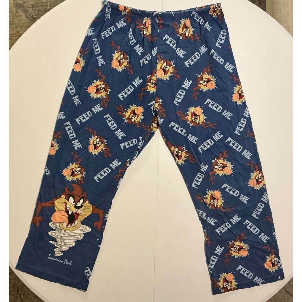 Looney Tunes Tasmanian Devil Taz AOP‎ Feed Me Blue Pajama Pants Mens S 30x27